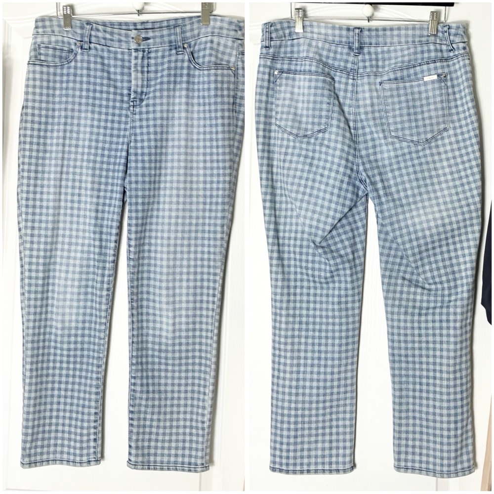 Chico’s Blue So Slimming Girlfriend Crop Jeans in Gingham Size 10 Casual Preppy